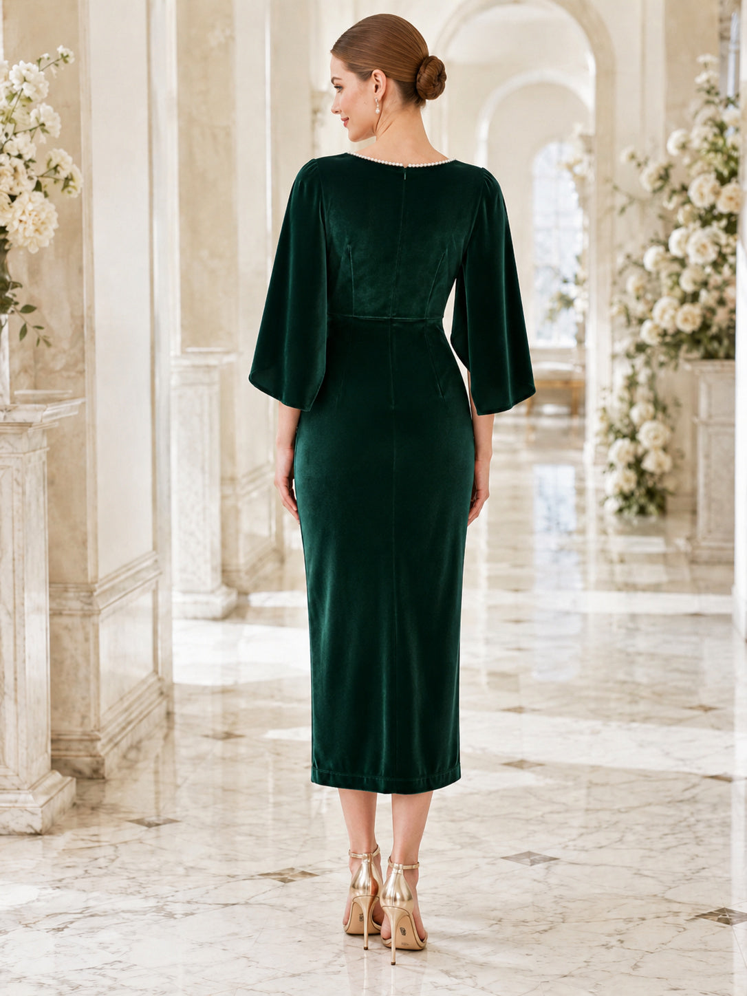 Dark Green Bateau Pearl Neck Bell Sleeve Velvet Guest Dress back view