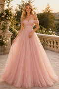 Blushing Pink Off the Shoulder Glitter Tulle Ball Gown with Full Skirt Floor Length Ball Gown Prom Dress front view