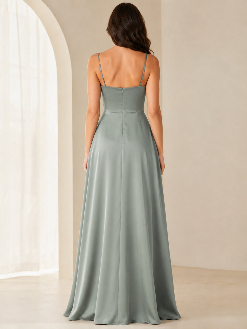 Sage cowl neck spaghetti strap satin A-line gown slit back view