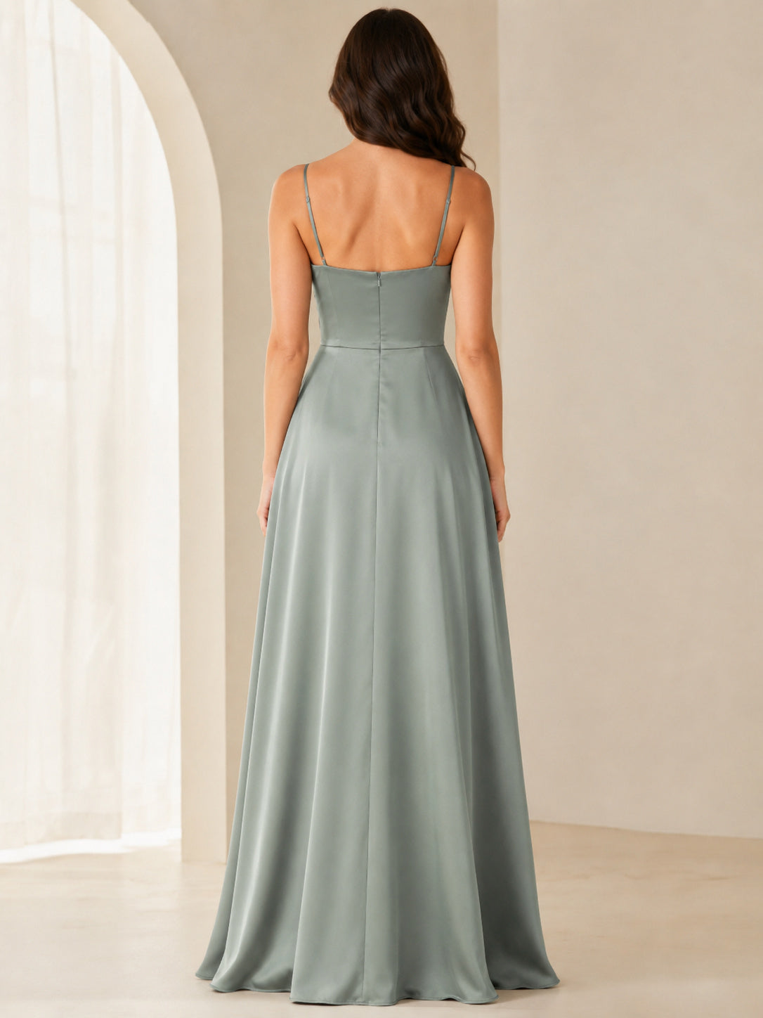 Sage cowl neck spaghetti strap satin A-line gown slit back view