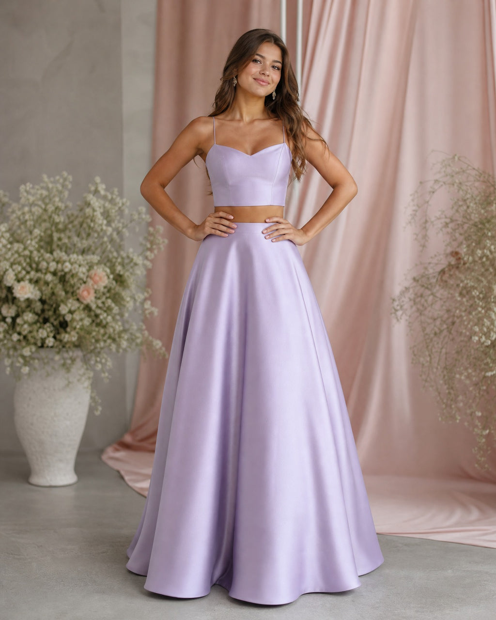 Lavender Two-Piece Floor-Length Satin A-Line Dress