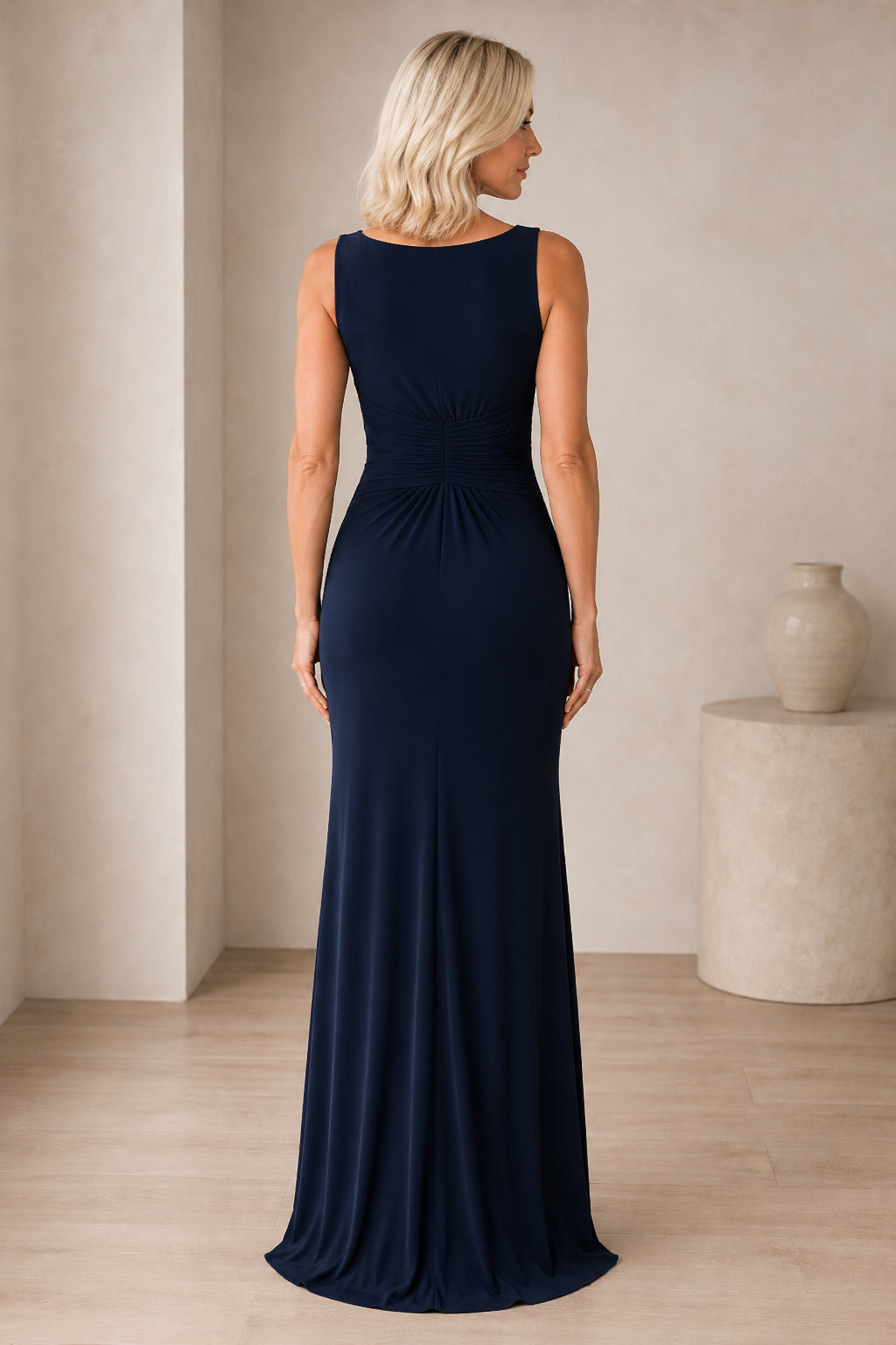 Dark Navy Jewel Neck Sheath Formal Gown with Ruched Waist and Draped Front Panel back view