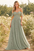Sage Off-the-Shoulder Lace A-Line Formal Dress with Flutter Sleeves and Applique Skirt front view