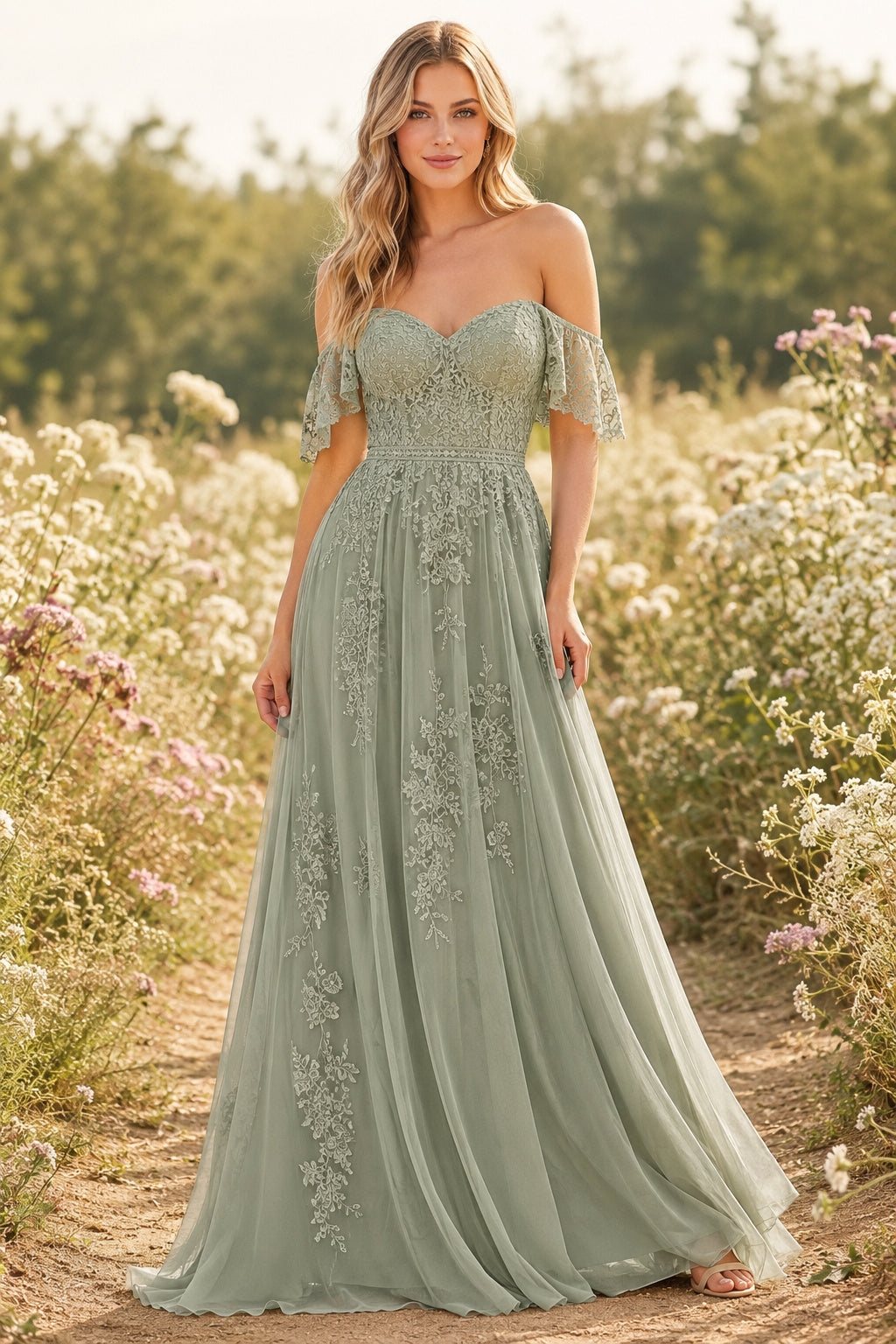 Sage Off-the-Shoulder Lace A-Line Formal Dress with Flutter Sleeves and Applique Skirt front view