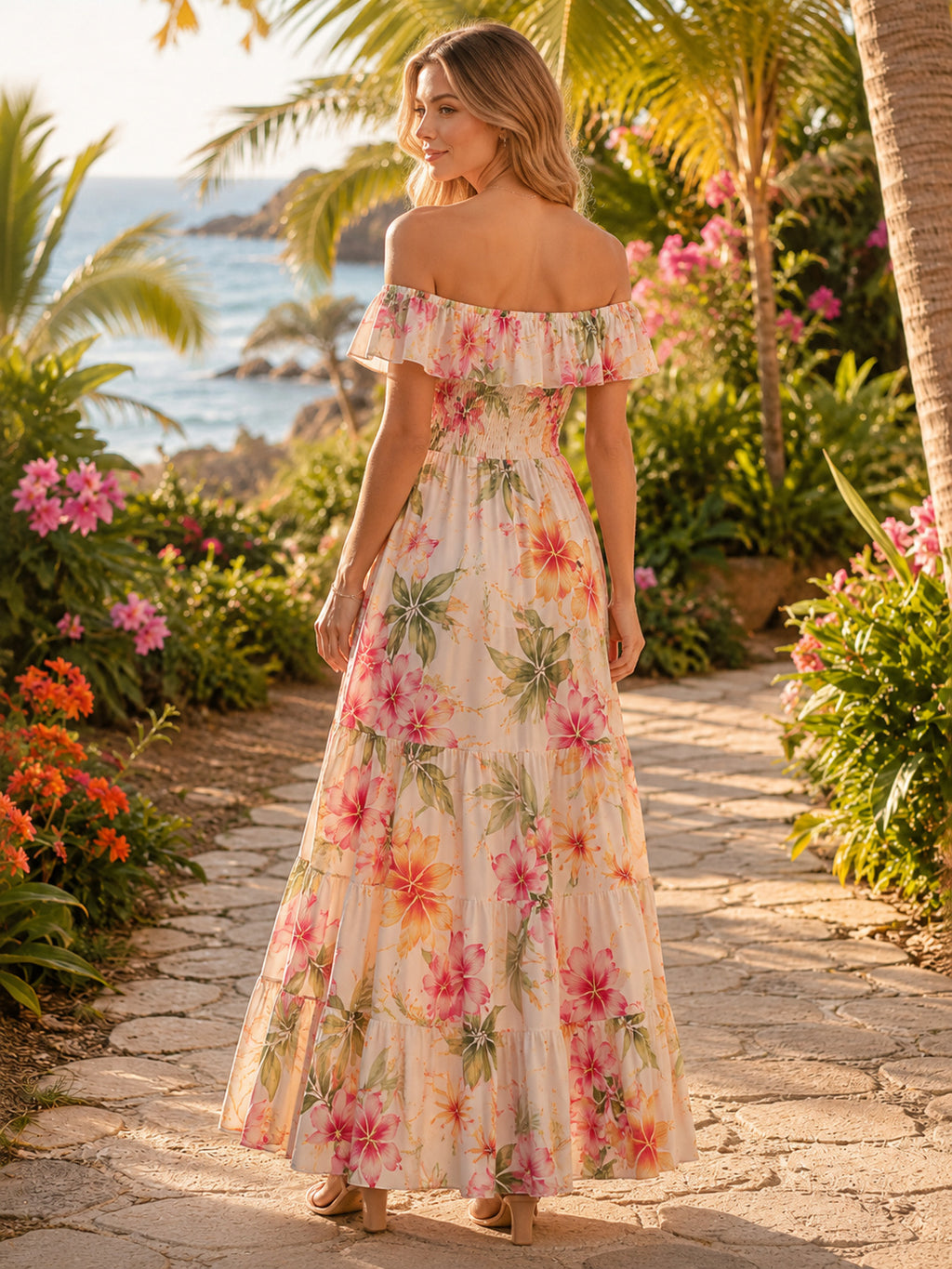 Pink Island Floral Off Shoulder Tiered Chiffon Maxi Guest Dress back view