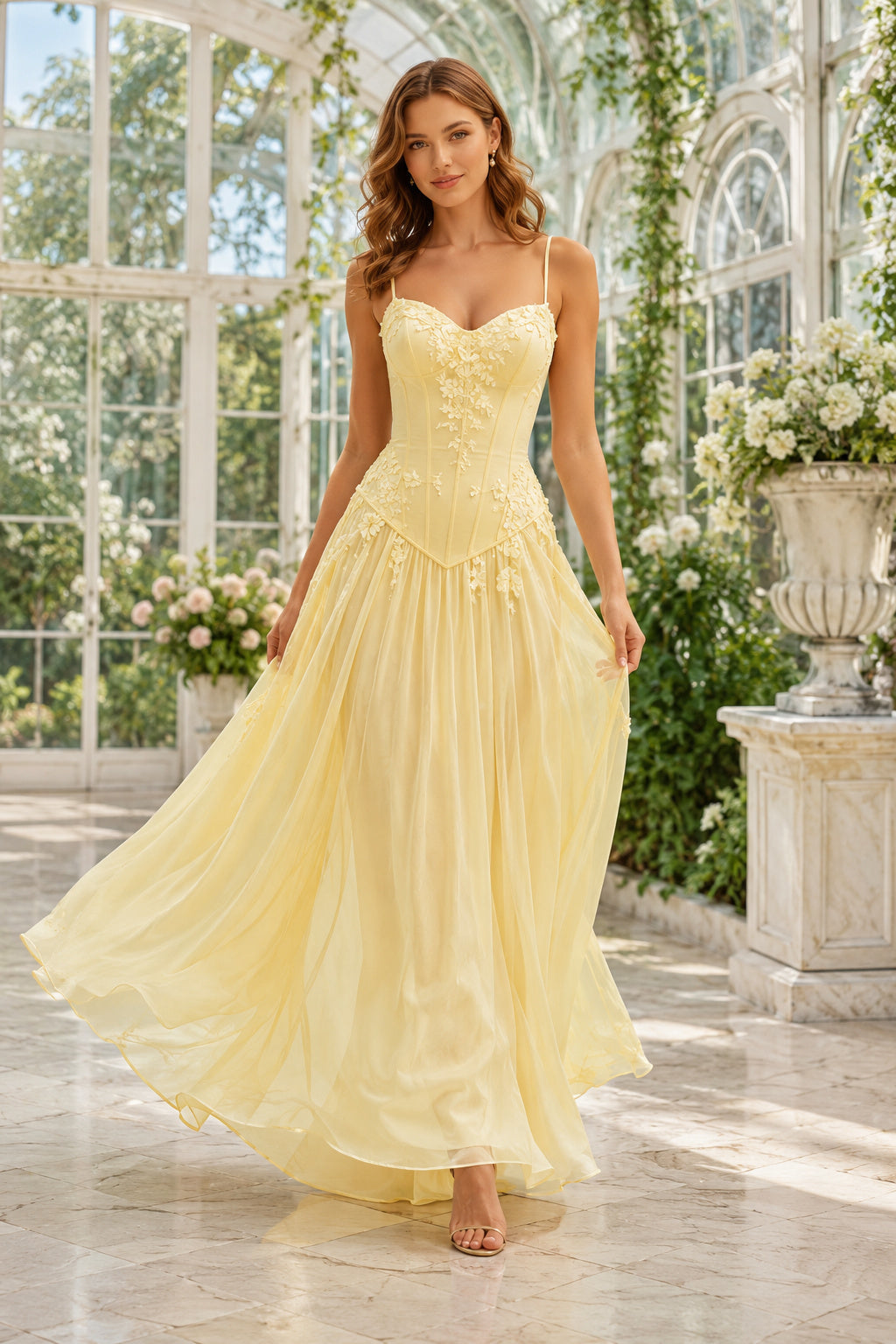 Daffodil Spaghetti Strap Yellow A Line Dress with Light Applique Bodice Floor Length A Line Bridesmaid Dress front view
