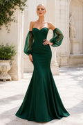 Dark Green Sweetheart Mermaid Gown with Sheer Puff Sleeves and Fitted Skirt Floor Length And Sweep/Brush Train Mermaid Trumpe