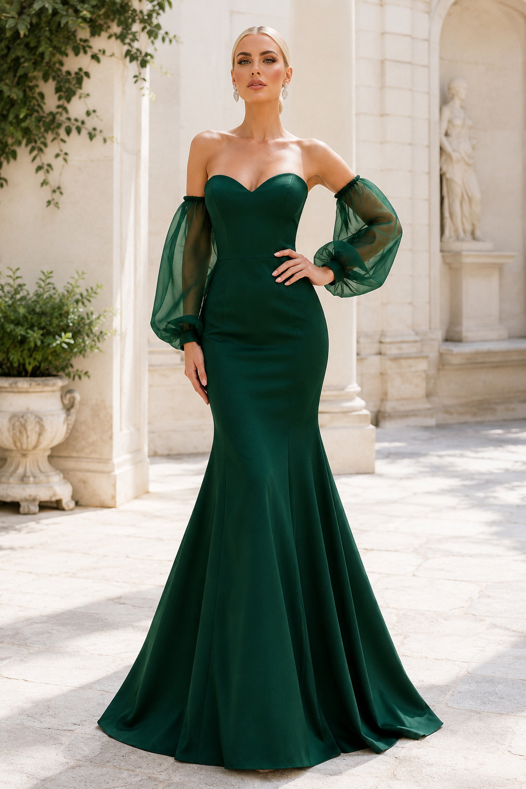 Dark Green Sweetheart Mermaid Gown with Sheer Puff Sleeves and Fitted Skirt Floor Length And Sweep/Brush Train Mermaid Trumpe