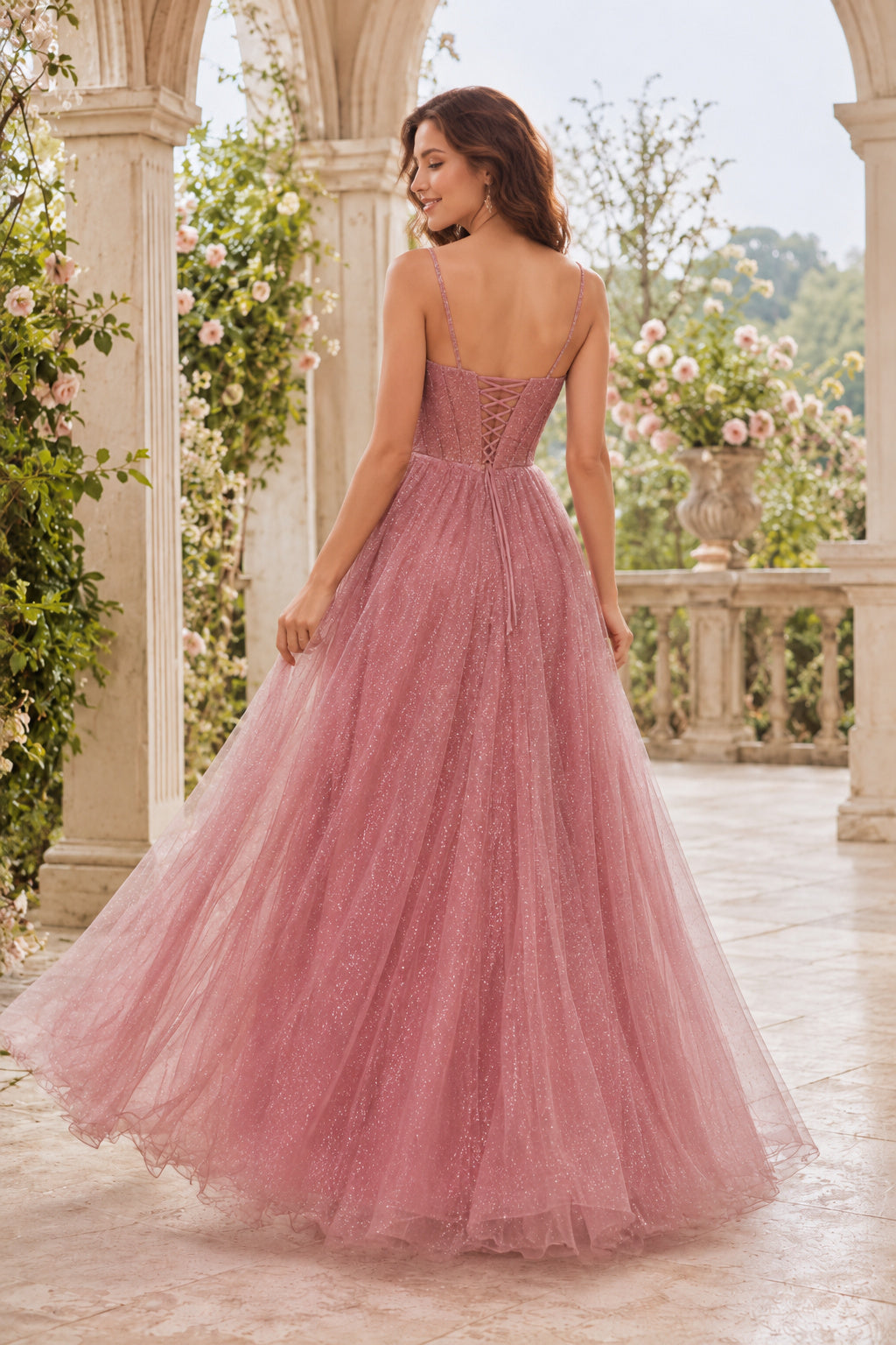 Dusty Rose Spaghetti Strap Glitter Tulle A Line Dress with Full Skirt Floor Length A Line Prom Dress back view