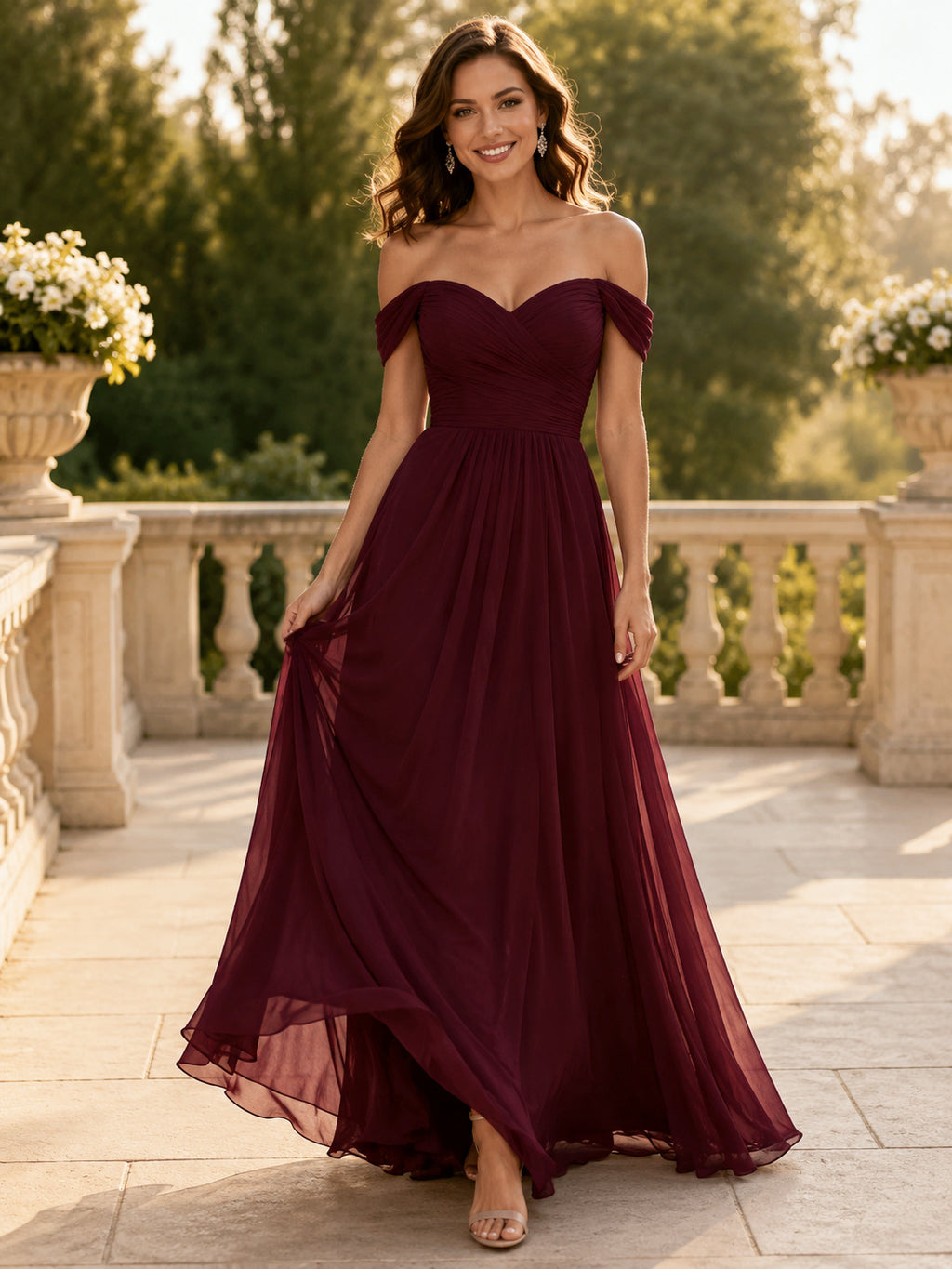 Burgundy Off Shoulder Chiffon Black Tie A-Line Gown front view