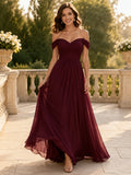 Burgundy Off Shoulder Chiffon Black Tie A-Line Gown front view