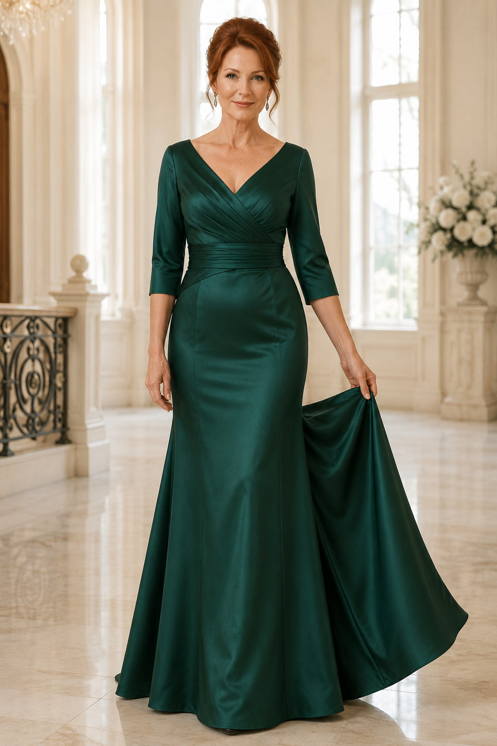 Dark Green V-Neck Satin Mermaid Mother Dress with Three Quarter Sleeves and Full Skirt front view