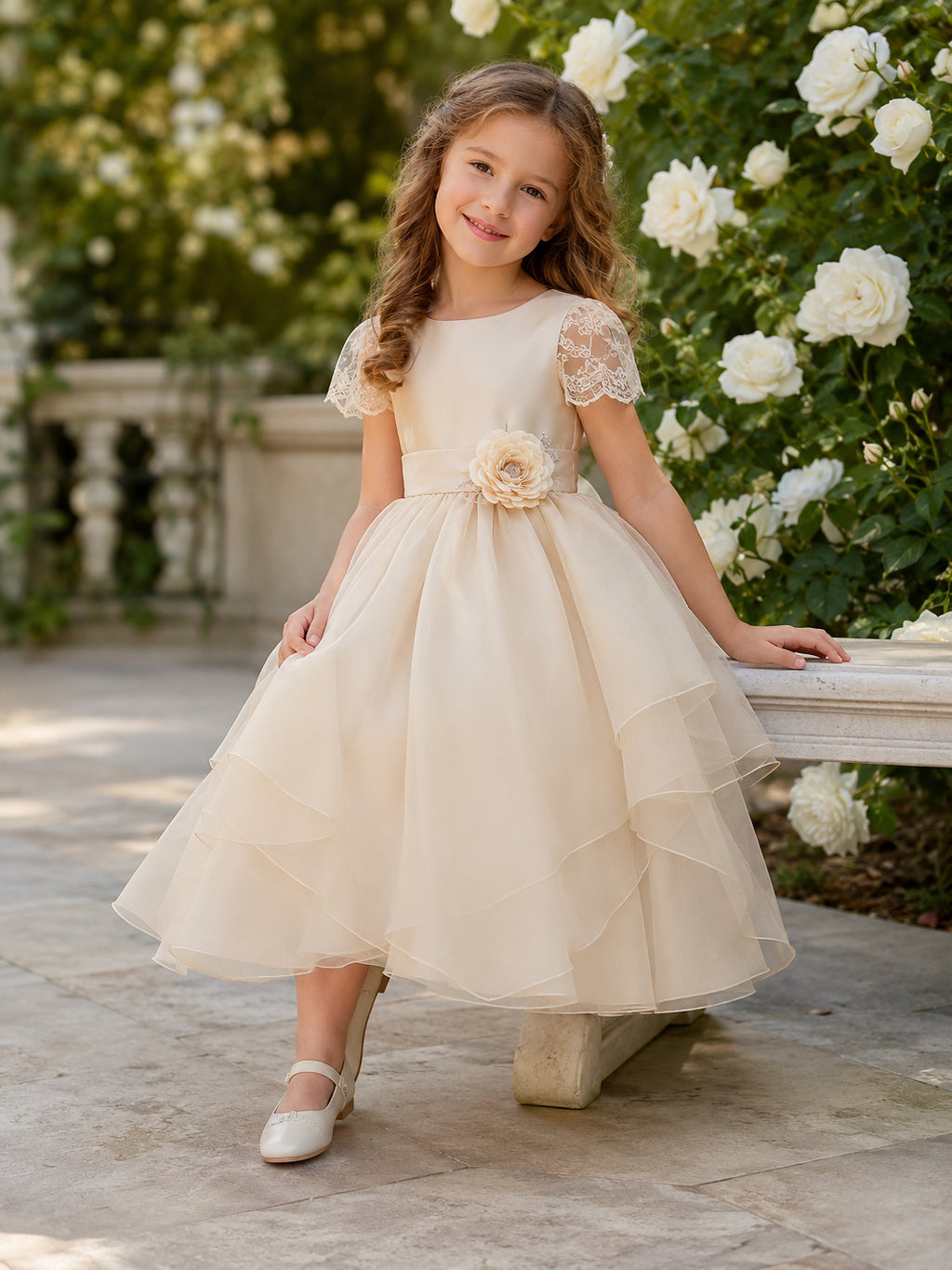 Champagne Flower Girl A-Line Tulle Jewel Neck Cap Sleeve Floral Tiered Party Dress front view