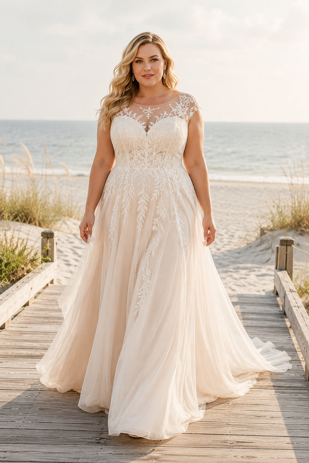 Plus Size Cap Sleeve V-Neck Lace A-Line Beach Wedding Dress front view