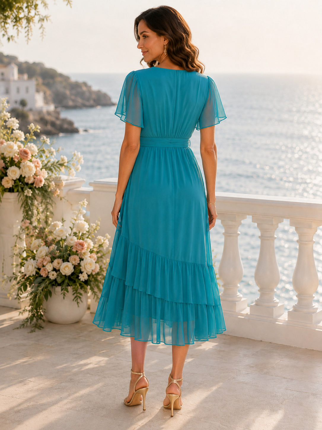Turquoise V Neck Flutter Sleeve Ruffle Midi Guest Dress back view