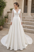White Sweetheart A-Line Crepe Floor-length Wedding Dress With Open Back and Lace Bodice and Open Back