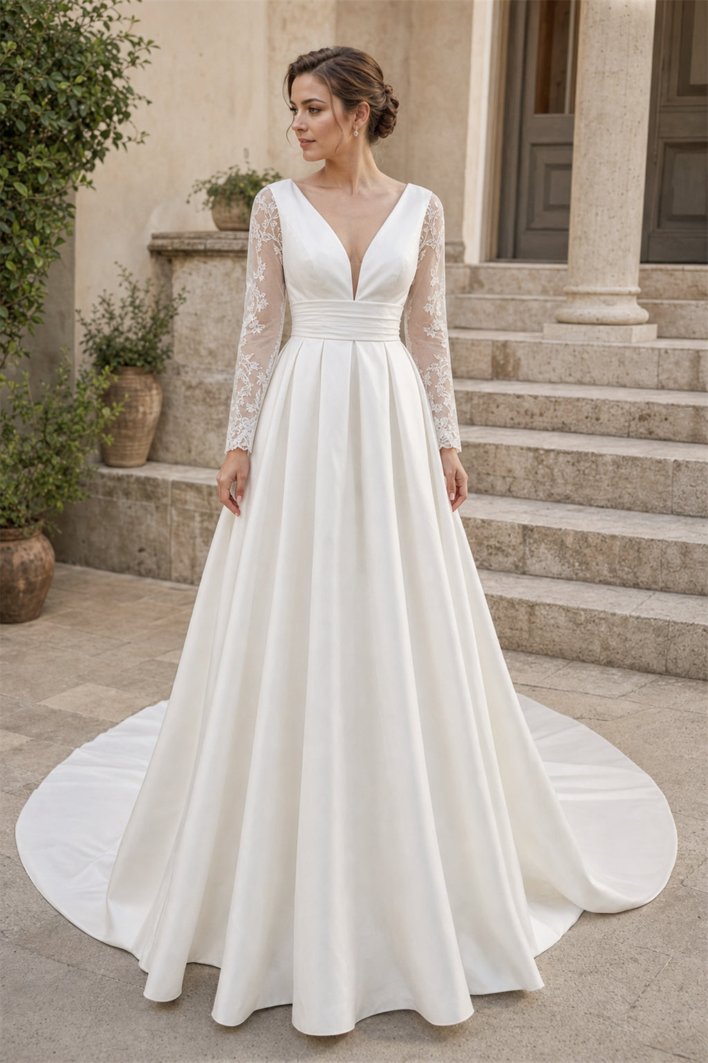 White Sweetheart A-Line Crepe Floor-length Wedding Dress With Open Back and Lace Bodice and Open Back