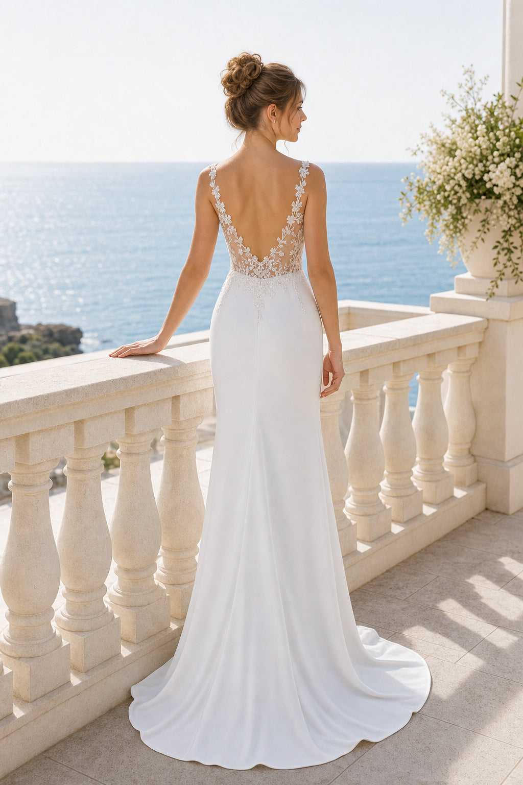 Ivory Bateau Short Sleeves Mermaid Crepe, Lace Floor-length Wedding Dress With Lace and Front Slit and Open Back