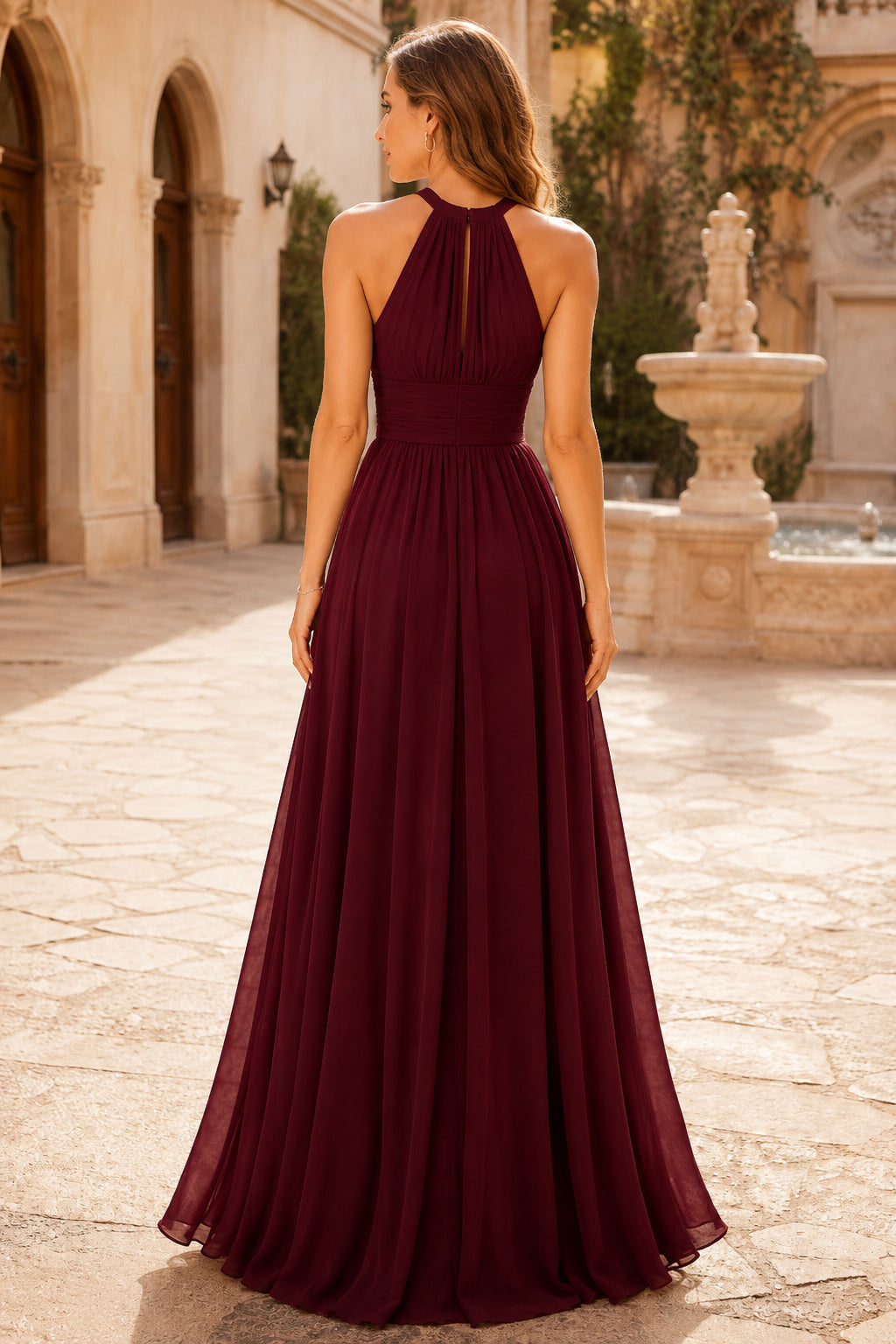 Burgundy Halter Chiffon A-Line Formal Dress back view