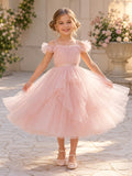 Blush Spaghetti Ruffle Sleeve Tiered Tea-Length Ball Gown Flower Girl Garden Wedding Tulle Dress front view