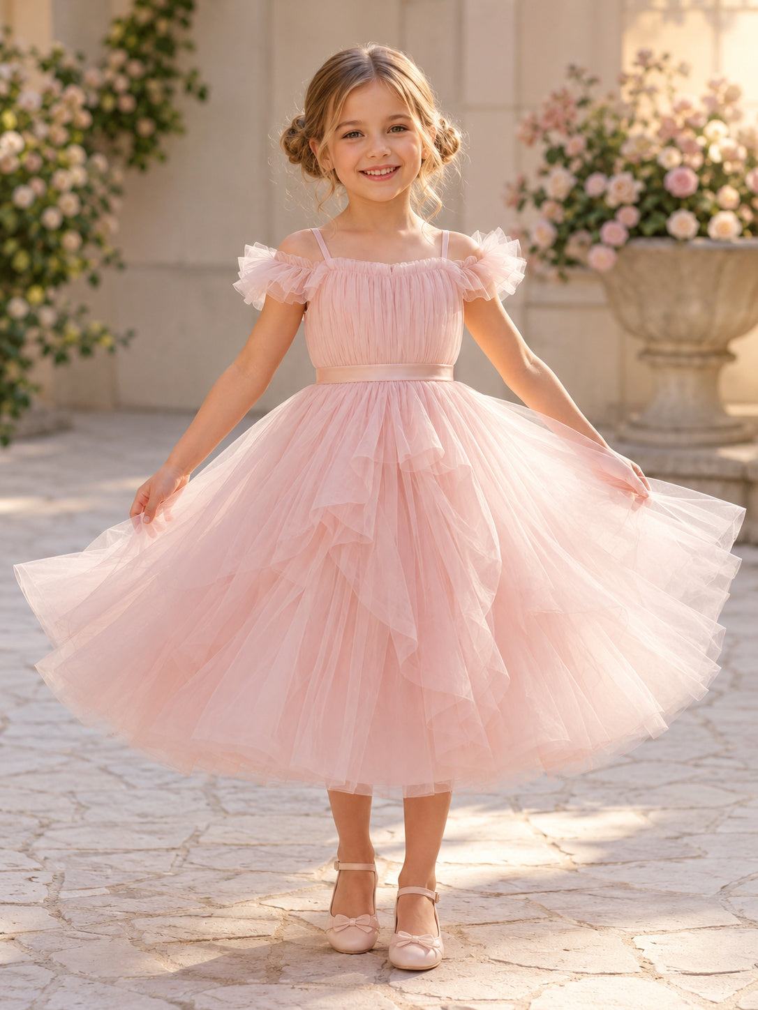 Blush Spaghetti Ruffle Sleeve Tiered Tea-Length Ball Gown Flower Girl Garden Wedding Tulle Dress front view