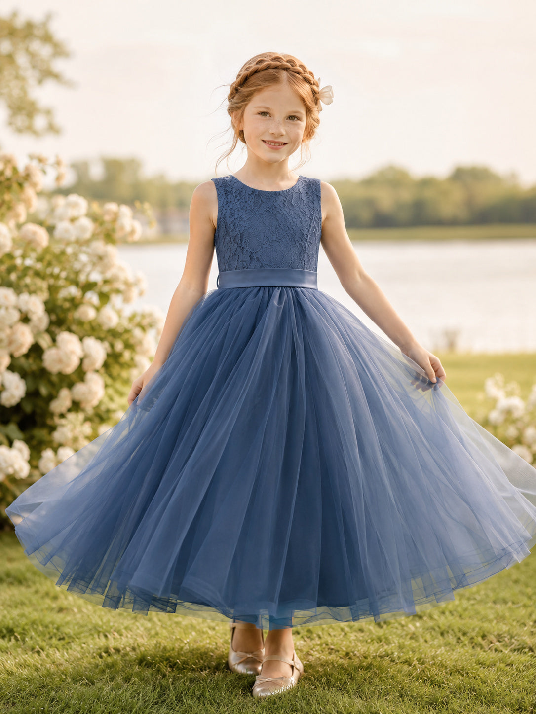 Flower Girl Dress Steel Blue Tulle A-Line Jewel Neck Tea Length Bow Back front view