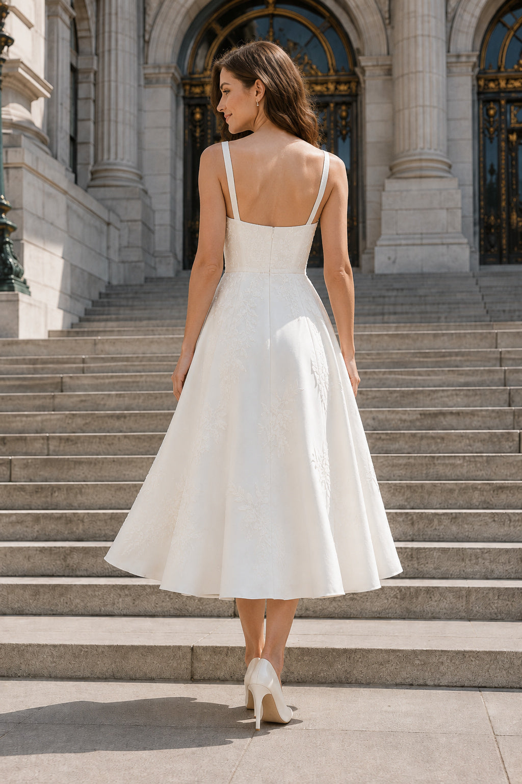 Ivory Square Strap Sleeveless Satin Tea-Length Wedding Dress with Simple Satin Bodice and Clean Midi Skirt back view