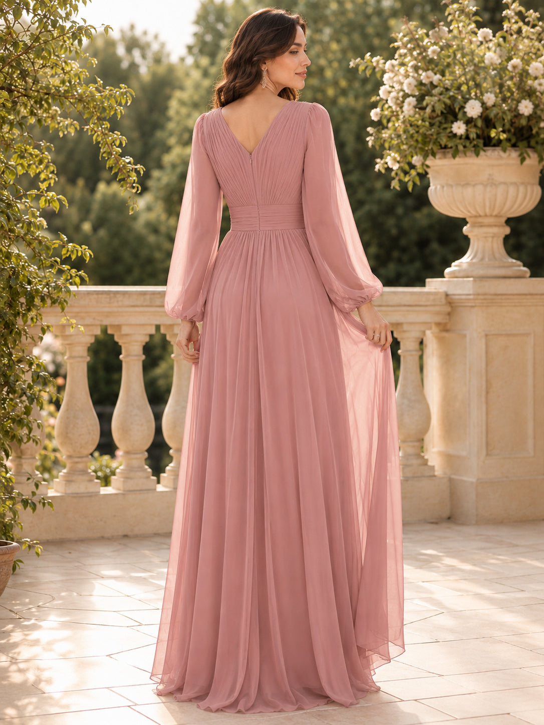 Dusty Rose Chiffon Bishop Sleeve V-Neck Gown back view