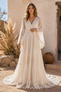 Long Sleeve V-Neck A-Line Wedding Dress with Lace Sleeves Tiered Skirt and Train front view