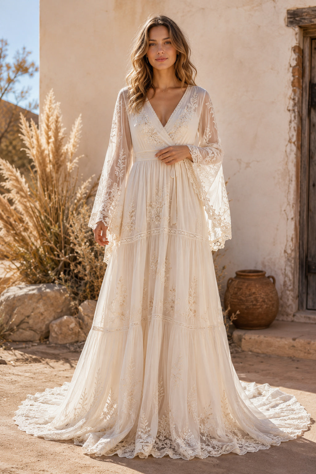 Long Sleeve V-Neck A-Line Wedding Dress with Lace Sleeves Tiered Skirt and Train front view