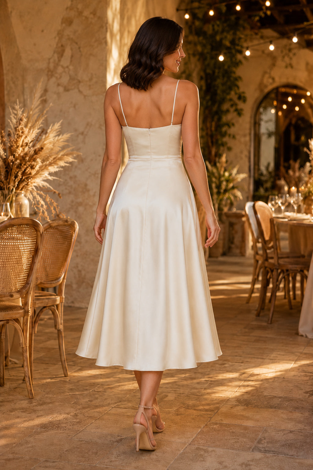 Ivory Square Spaghetti Strap Sleeveless Satin Tea-Length Wedding Dress with Side Draping and Simple Satin Skirt back view