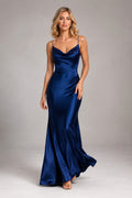 Royal Blue Spaghetti Strap Satin Sheath Dress with Cowl Neck front view