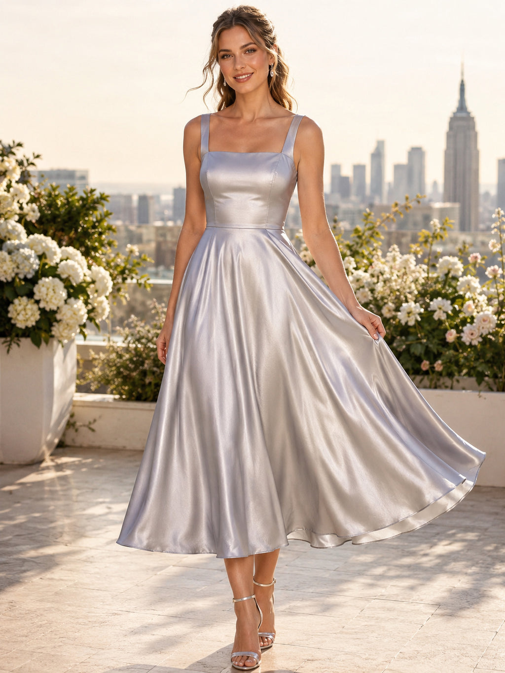 Silver Square Strap Metallic Satin A Line Tea Modern Rooftop Guest Dress front view