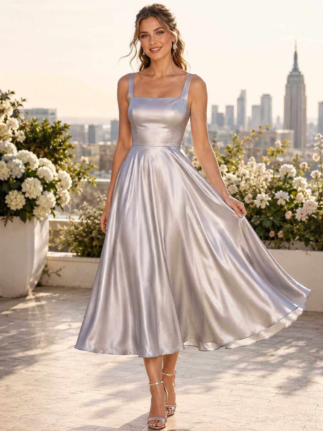 Silver Square Strap Metallic Satin A Line Tea Modern Rooftop Guest Dress front view