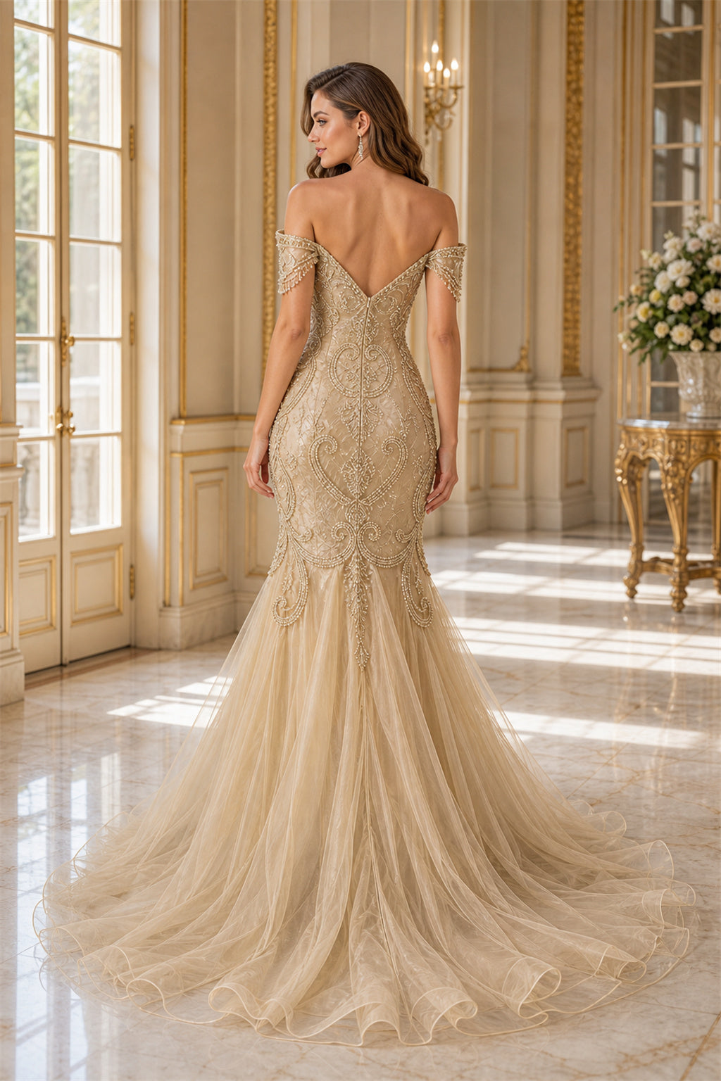 Champagne Off-the-shoulder Mermaid Lace, Tulle Floor-length Wedding Dress With Lace and Train and Open Back
