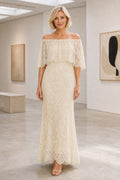 Ivory Off-the-shoulder Short Sleeves Sheath Lace Floor-length Wedding Dress With Lace and Flounce