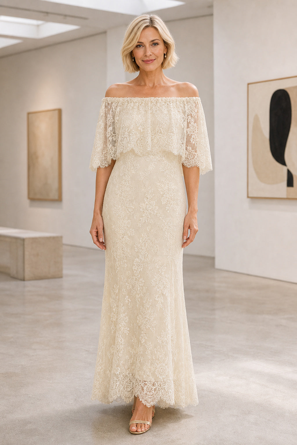 Ivory Off-the-shoulder Short Sleeves Sheath Lace Floor-length Wedding Dress With Lace and Flounce