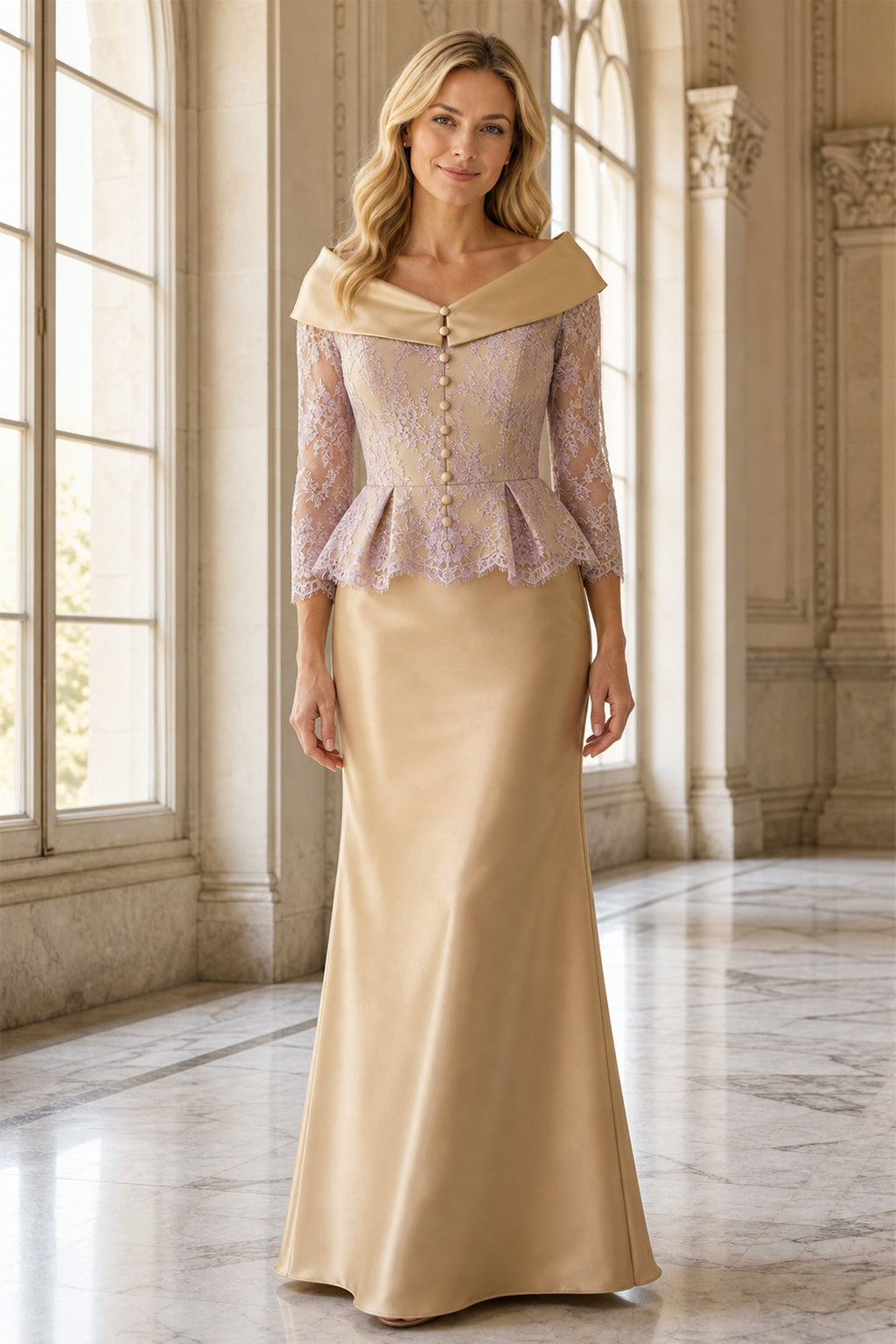Champagne Off-the-Shoulder Two-Piece Satin Floor-Length Dress With Lace Peplum