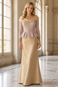 Champagne Off-the-Shoulder Two-Piece Satin Floor-Length Dress With Lace Peplum