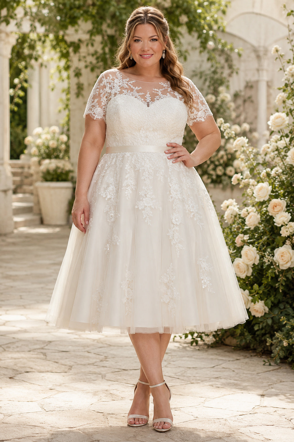 Plus Size Lace Cap Sleeve Tea-Length Wedding Dress with Tulle Skirt front view