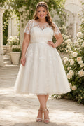 Plus Size Lace Cap Sleeve Tea-Length Wedding Dress with Tulle Skirt front view