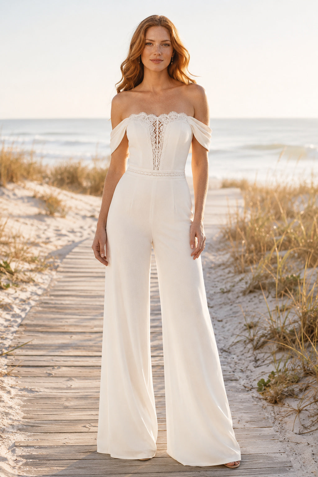 Ivory Off-the-Shoulder Sweetheart Draped Sleeve Satin Floor-Length Bridal Jumpsuit with Draped Sleeves and Clean Wide Leg Pan