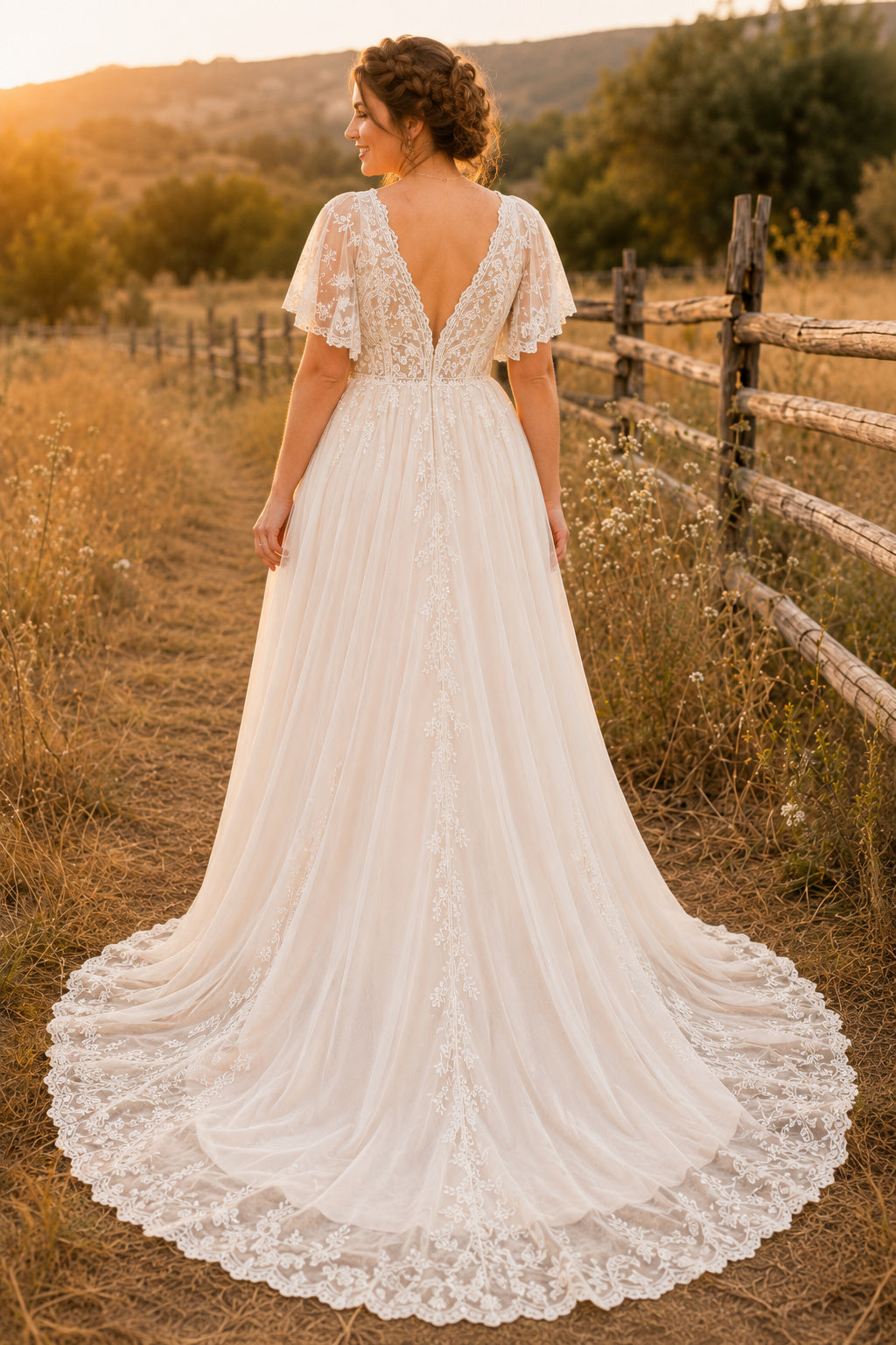 Plus Size Flutter Sleeve V-Neck A-Line Wedding Dress with Lace Bodice and Train for Rustic Garden Ceremony back view