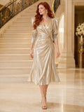 Gold V Neck Metallic Sculpted Shoulder Midi Guest Dress front view