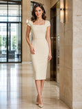 Cream cap sleeve square neck pencil finance office dress front view