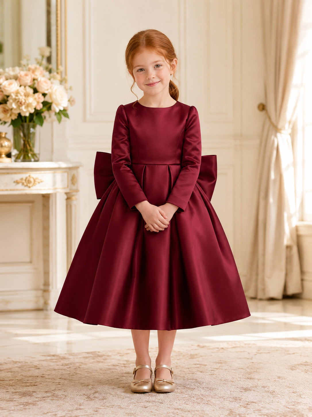 Burgundy Long Sleeve Floral Bow Satin A-Line Flower Girl Dress with Tea-Length Skirt front view