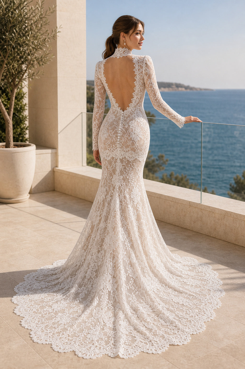 White V-neck Long Sleeves A-Line Satin Floor-length Wedding Dress With Open Back and Lace Bodice