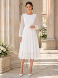White Confirmation A Line Tea Length Jewel Long Illusion Sleeve Modest Dress front view