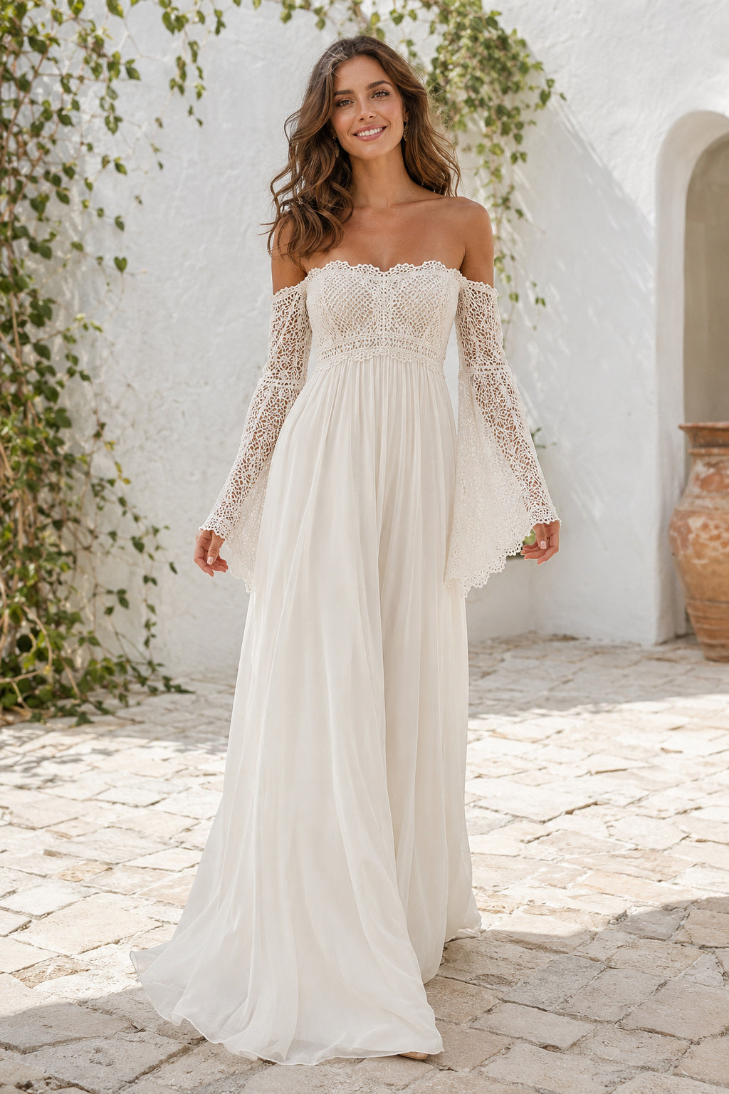Off the Shoulder Long Sleeve A-Line Wedding Dress with Lace Bodice and Chiffon Train front view