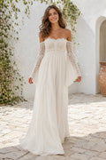 Off the Shoulder Long Sleeve A-Line Wedding Dress with Lace Bodice and Chiffon Train front view